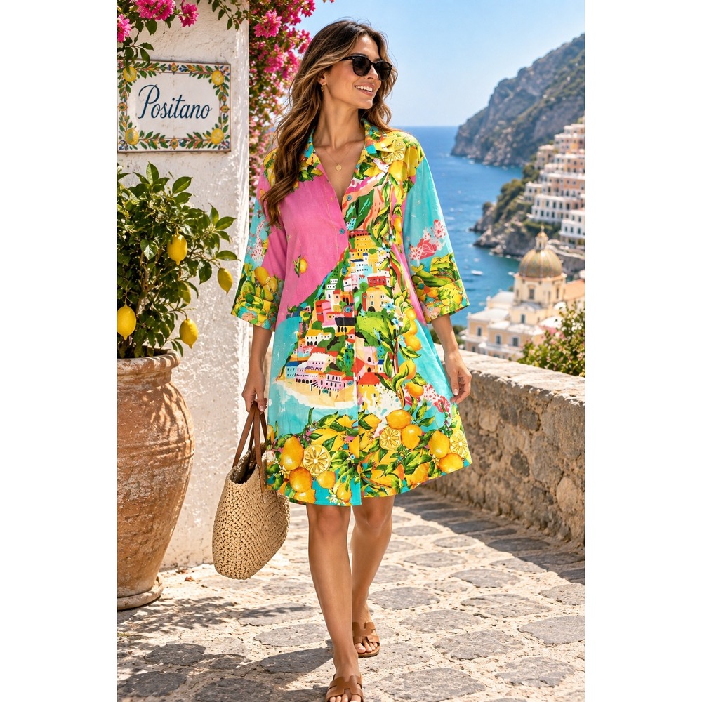 Antica Sartoria Giacomo Cinque Lemon Coastal Print Cotton Shirt Dress Large NWT